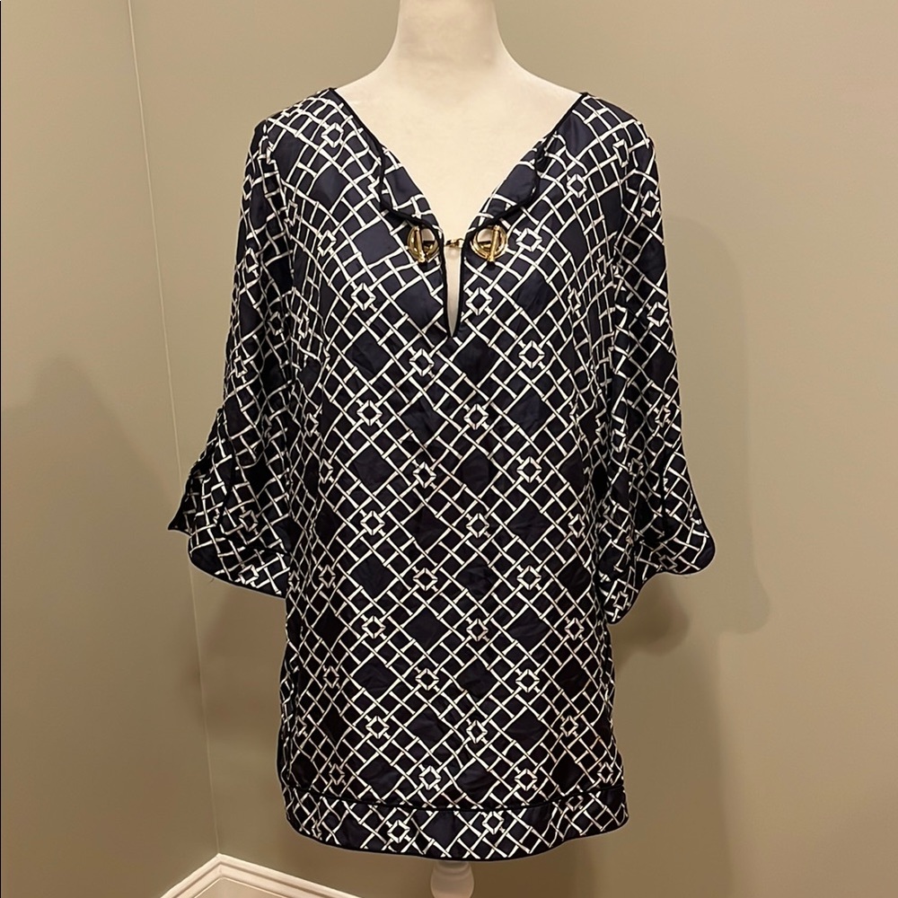 Elizabeth McKay Silk Blue White Tunic Blouse